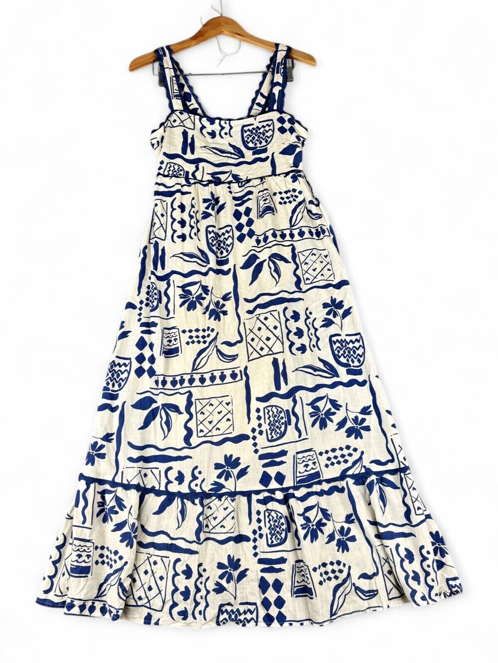 Calypso St Barth Blue White Printed Rayon Linen Maxi Dress M